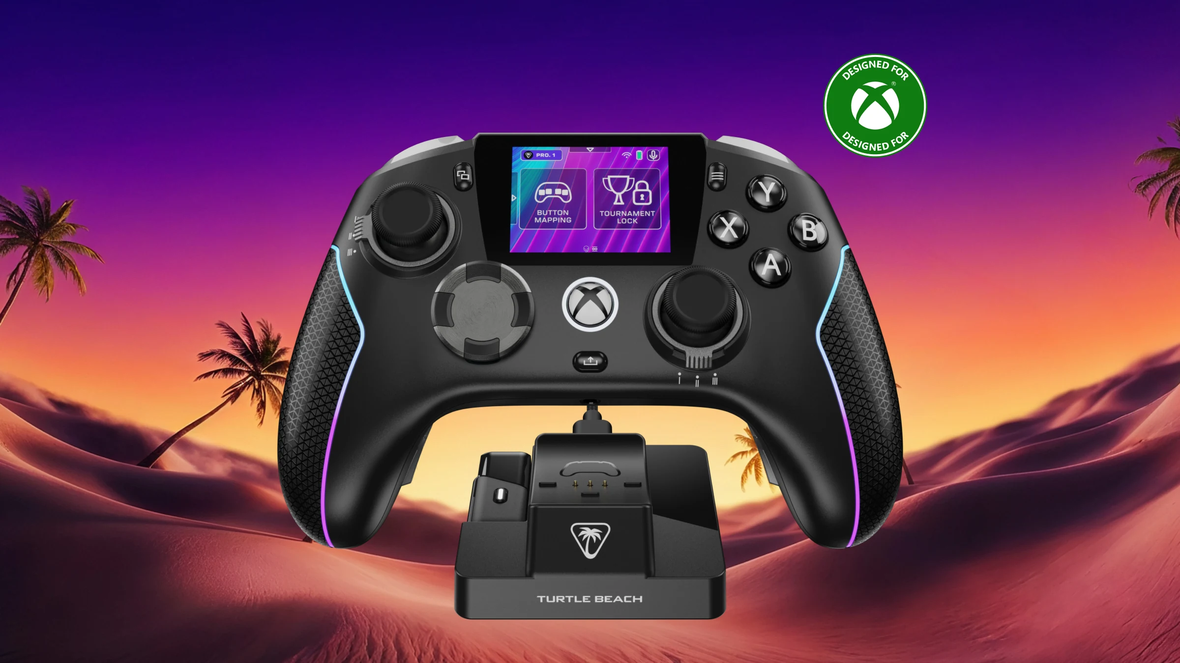 Turtle Beach Stealth Ultra II negro con pantalla táctil, iluminación RGB y base de carga rápida, en una imagen oficial del fabricante