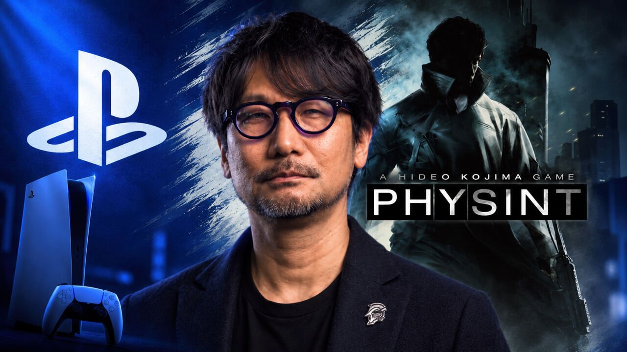 Hideo Kojima junto a una imagen promocional de PHYSINT